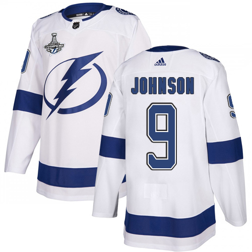 Men Adidas Tampa Bay Lightning #9 Tyler Johnson White Road Authentic 2020 Stanley Cup Champions Stitched NHL Jersey
